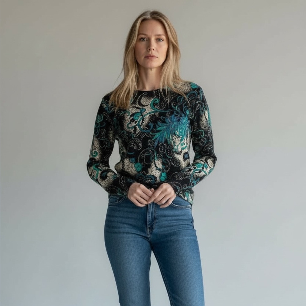 East 5th Women Medium Black Teal Gold‎ Paisley Faux Wrap Quarter Sleeve Blouse
